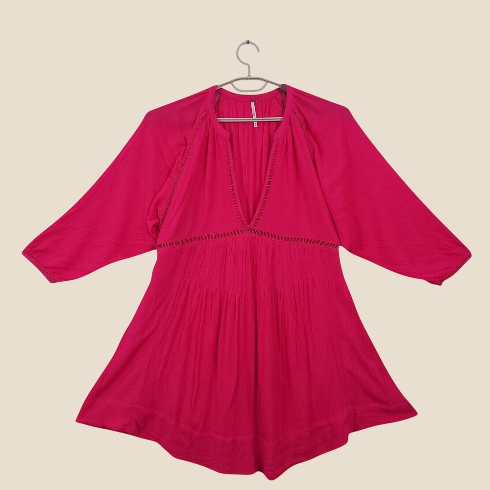Free People Go Lightly Dress Fuchsia Size M V-Neck Boho Babydoll Oversized
